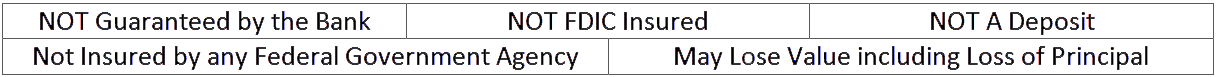 NOT Guaranteed by the Bank. NOT FDIC Insured. NOT a Deposit. Not Insured by any Federal Government Agency. May Lose Value including Loss of Principal.